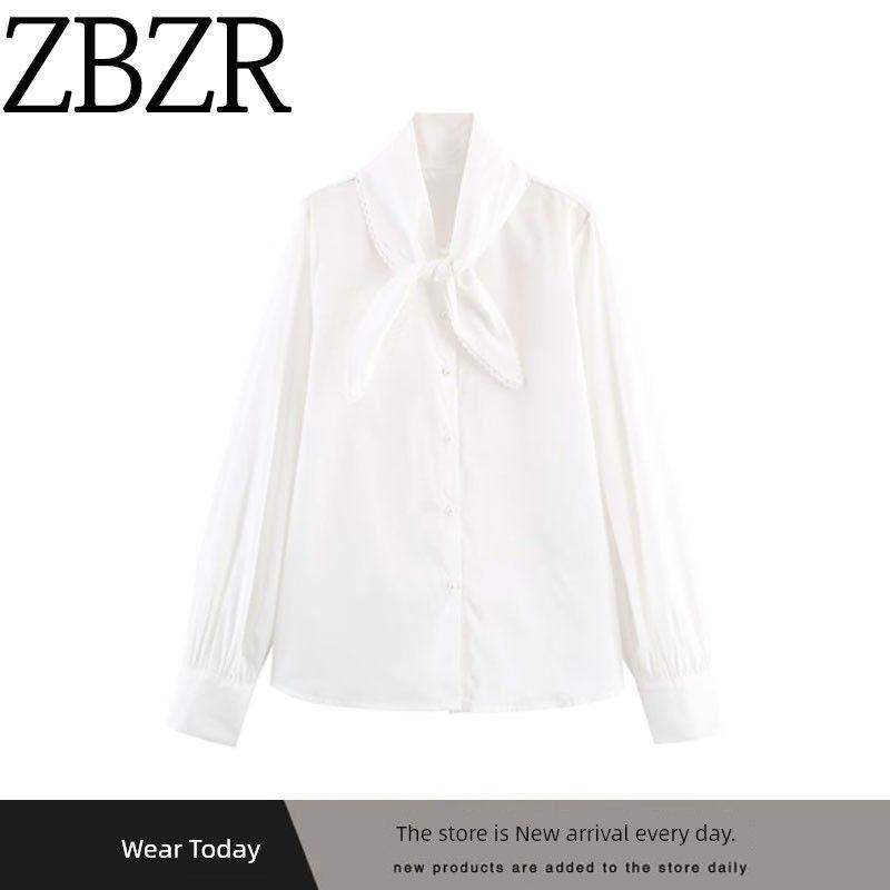 Za Autumn New Women's Clothing Zr European and American Style Fashionable Versatile Bow Decorated Poplin Long Sleeve Shirt 7969237