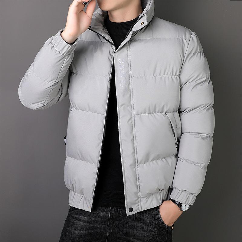 Cotton-padded Men's Winter New Blue Fashion Printed Casual Cotton-padded Warm Stand-up Jacket