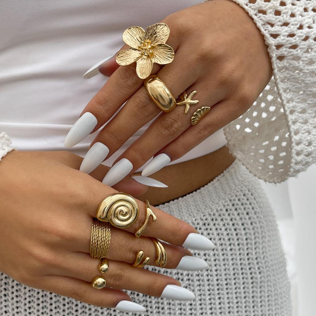 Summer Vacation Starfish Scallop Open Ring Set for Women Men Gold Color Glossy Alloy Flower Adjustable Ring Jewelry Gift