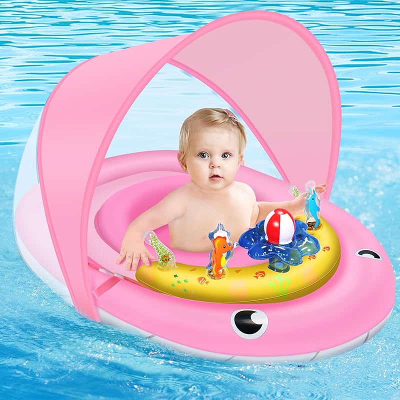 Baby Pool Float with Canopy UPF50+ Sun Protection, 6-24 Months Inflatable Infant Swimming Ring, Bath Floatie, Swimming Pool Accessories, and Toy Play