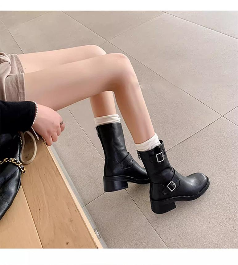 Cowhide~ Cowhide Fashion Boots Knight Short Boots Women's Autumn and Winter New Retro Mid-tube Western Cowboy Boots Martin Boots