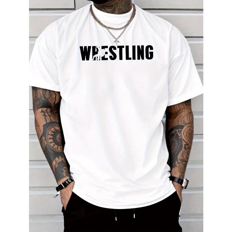 Men'S Casual Stylish Short-Sleeve T-Shirt with Wrestling Letter Print Regular Fit with a Round Neck, Comfortable Stretchy Summer Fashion T-Shirt
