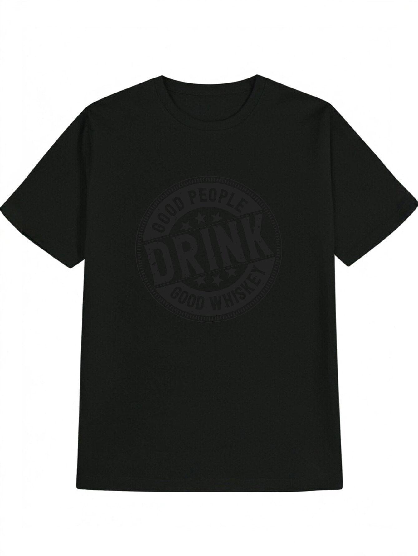 Casual Crew Neck T-shirt with Good People Drink 8000 Whiskey Print - Black XXXXL