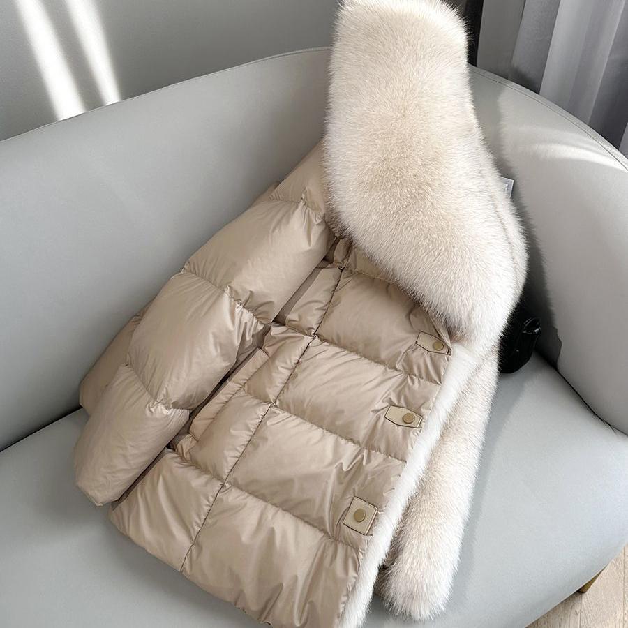 Faux Fox Fur Detachable Large Lapel Fur Down Jacket Women Winter Medium Long Loose White Goose Down Coats
