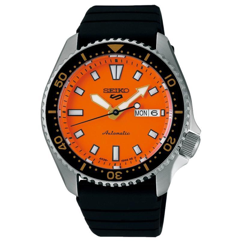 

SEIKO Size 5 Sports 100m Water Resistant Automatic Mechanical Movement Silicone Strap Watch 46mm SRPL89 Orange Watch Dial