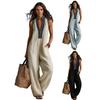 Summer Jumpsuits for Women Stand-collar Sleeveless Loose Overalls with Pockets V-neck Casual Wide Leg Rompers