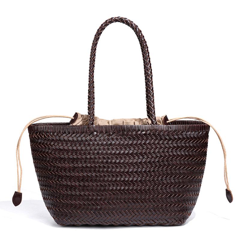 Woven French Leather Basket Bag, Rattan Handbag, Women's Large-capacity Fashionable and Casual Single-shoulder Underarm Bag