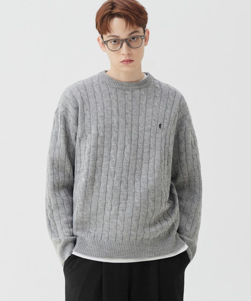TRILLION Washable Boat Embroidered Cable Crew Neck Knit (Neutral Gray)
