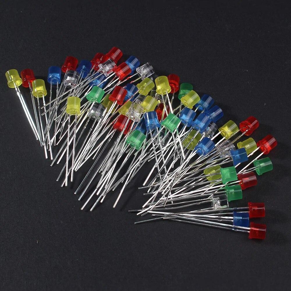 100PCS 5MM LED Lighting LEDs Kit Red Yellow Blue Green White LED Diode Assortment Package F5 Flat Led Lights Diodes Set