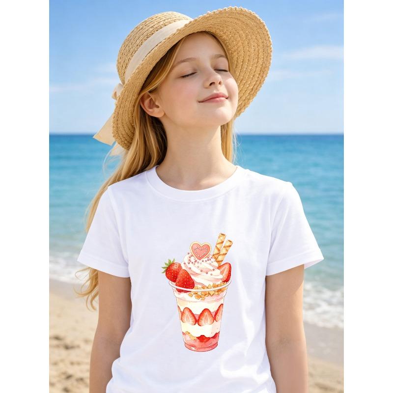 Girls Crewneck Short Sleeve T-Shirt, Heart Strawberry Sundae Dessert Print 110 белый