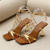 Fashion Luxury Gold Bling Rhinestone High Heeled Sandals Women Fashion Square Toe Cross Tied Designer Shoes Elegant Banquet Dress Shoes