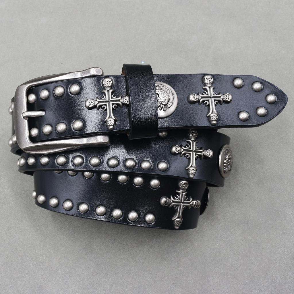 Cross Skeleton Cowhide Belt Men and Women Heavy Industry Trend Rivet Punk Style Nightclub