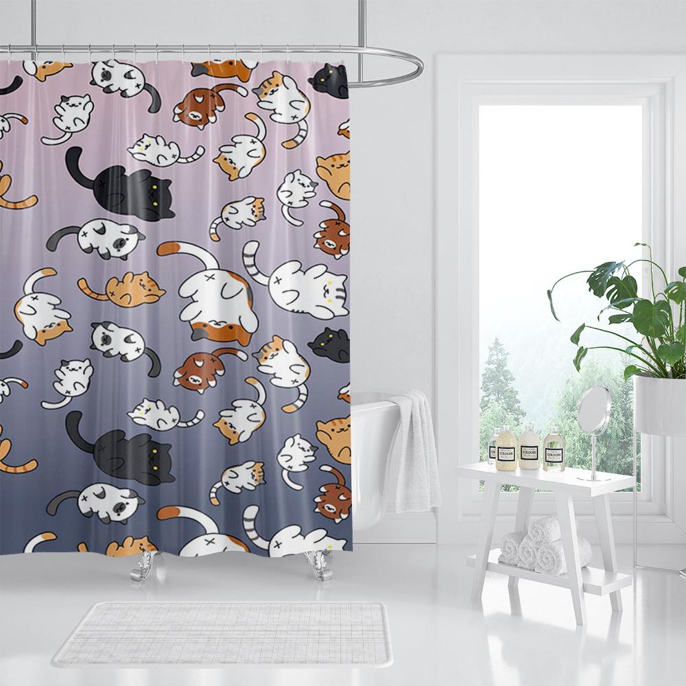 Cat Printed Shower Curtain Color Cartoon Lovely Animal Bear Polyester Fabric Hanging Curtains Bathroom Bathtub Decor with Hooks