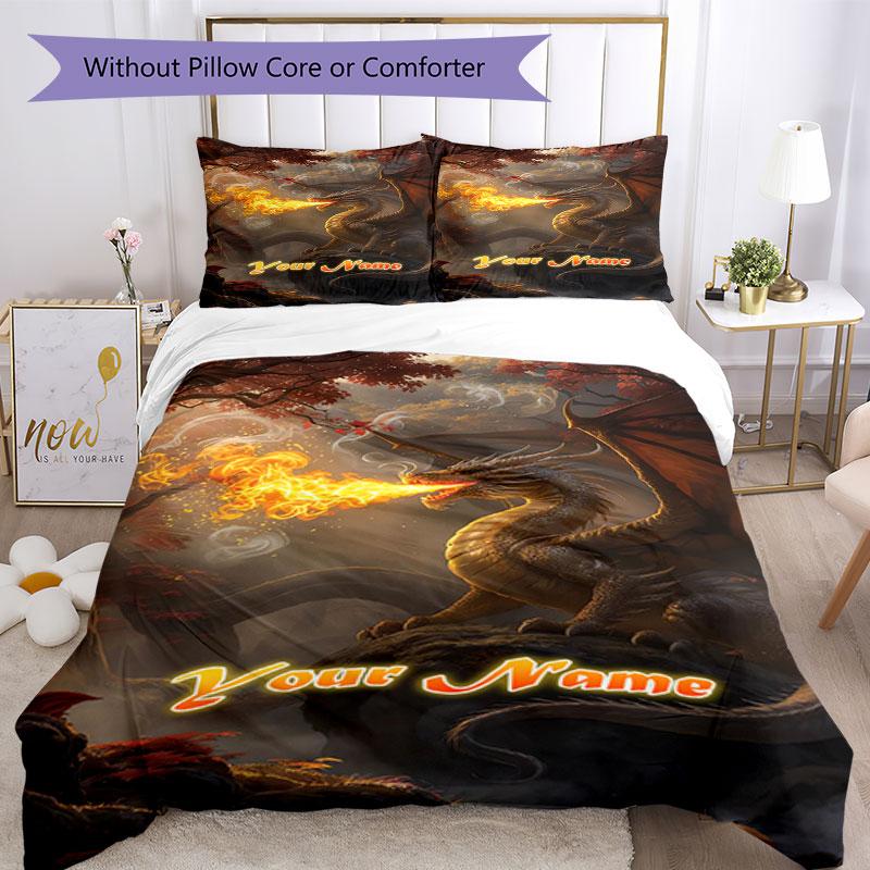 3pcs Custom Name Dragon's Fiery Breath Bedding Set Printed Bedding Set Duvet Cover Closure Includes 1 Duvet Cover & 2 Pillowcases Bedroom Decor