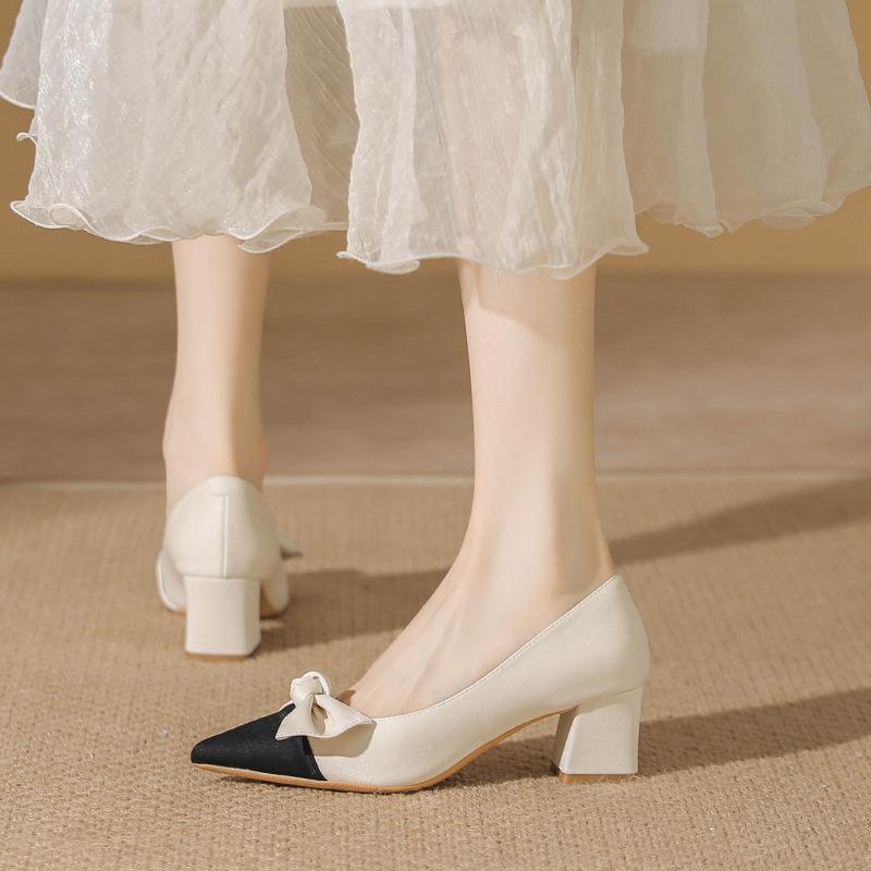 Gentle shoes pointed head shallow mouth thick heel single shoes women bow temperament versatile high heels women