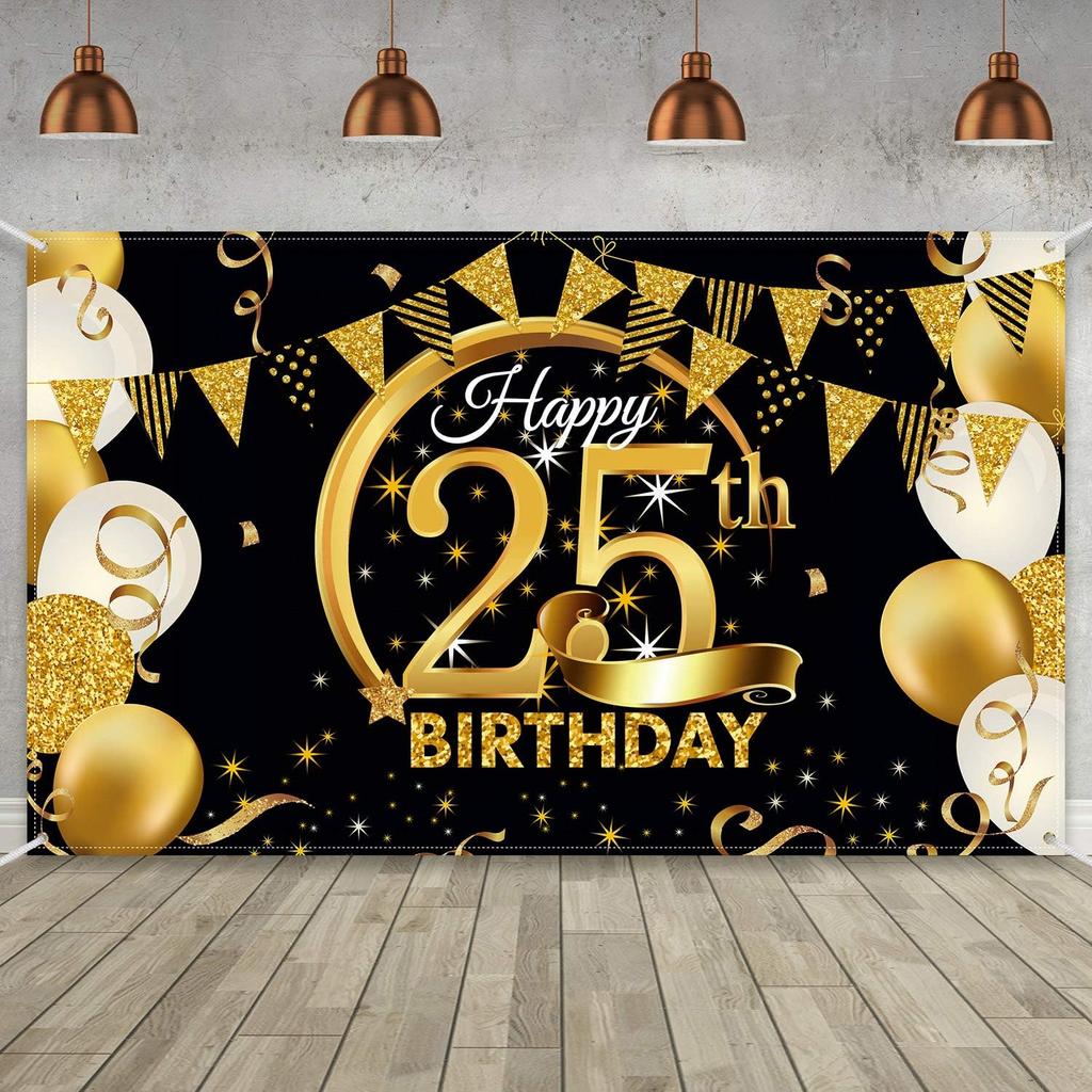 Birthday Party Decoration Extra Large Fabric Black Gold Sign Poster for Anniversary Photo Booth Backdrop Background Banner, Birthday Party Supplies,