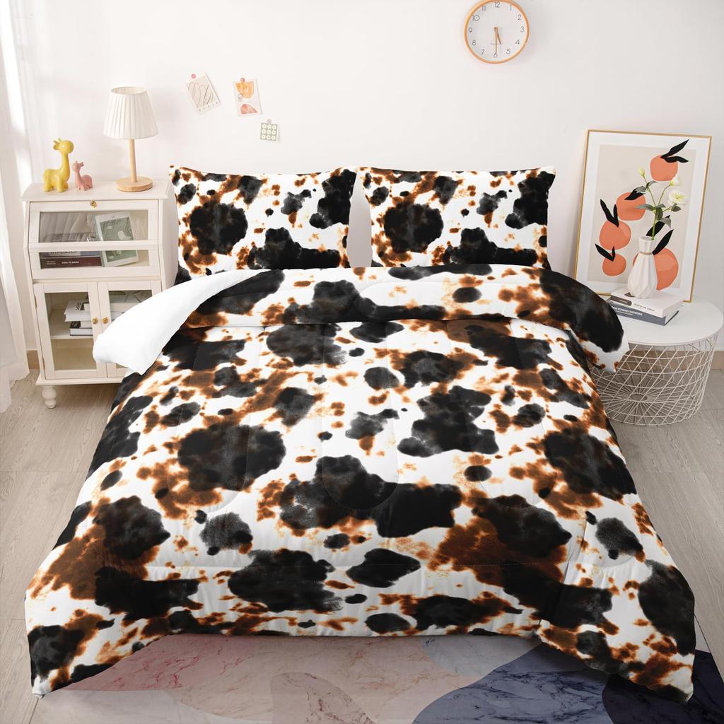 Abstract Cow Print Soft Duvet Cover Quen Sized Dimensions for Young Boys Young Girls Bedrom, Pink Cow Silhouete Beding Set,Animal Themed Warm