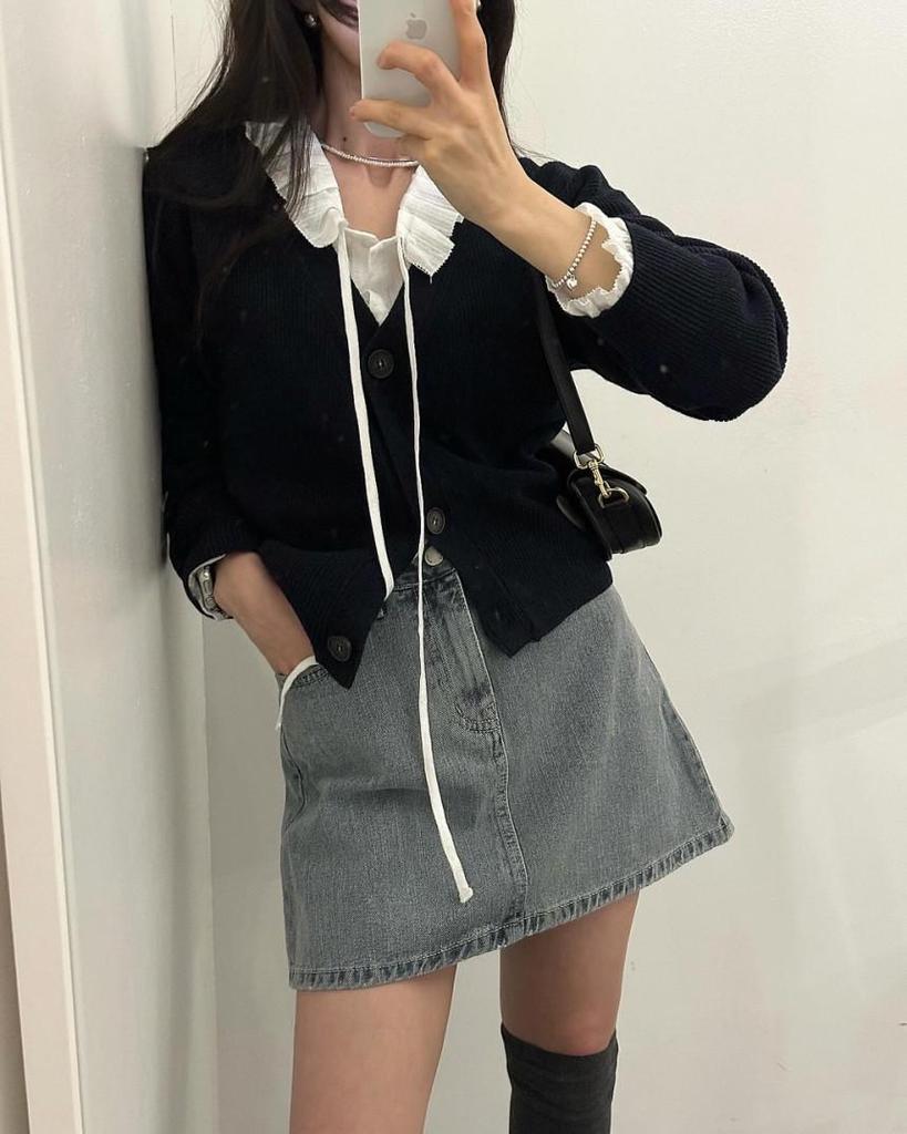 Korean Chic Cotton Jacquard Ribbon Shirt & Cable Knit Vest Set for Women