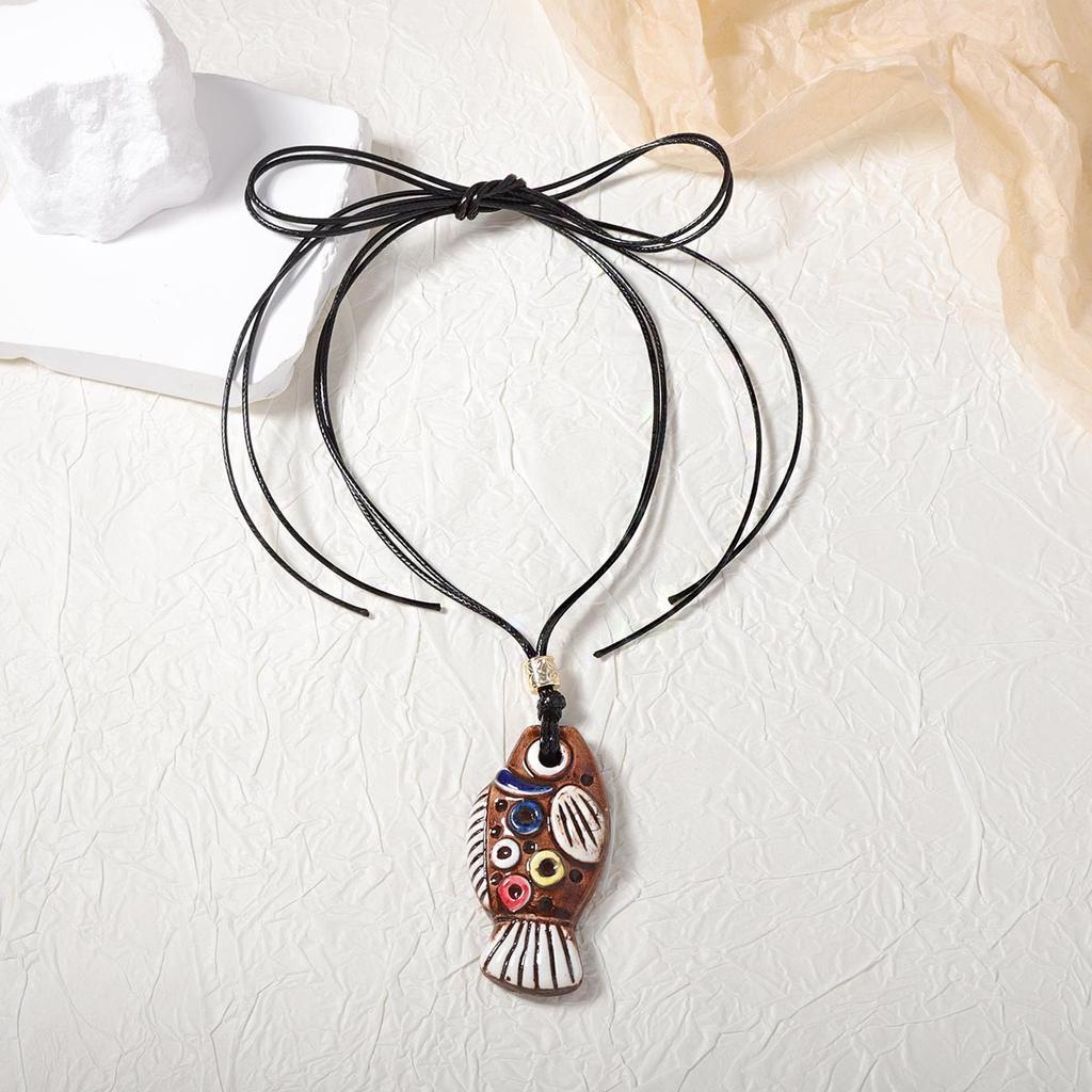 Ethnic style, personality trend, ceramic, geometric colorful fish, long pendant, necklace, premium versatile autumn and winter models