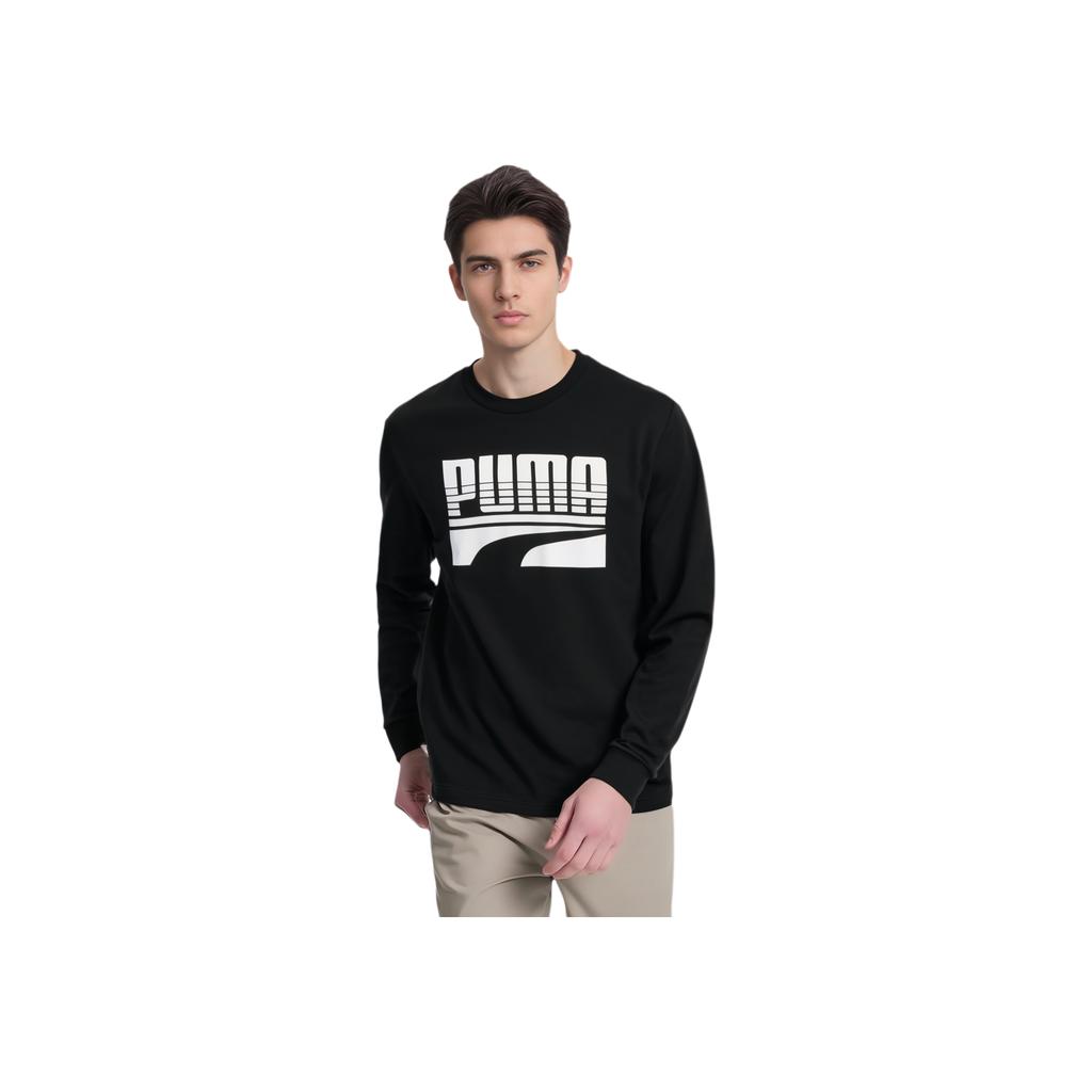 Puma Sweter męski z nadrukiem literowym, z okrągłym dekoltem, z długim rękawem, bluza amerykańska, czarny 580905-06
