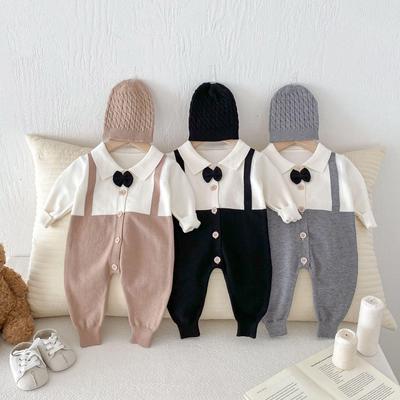 British Baby Lapel Romper: Color Block Knit, Gentleman Tie, Fake Two-Piece Design, Autumn/Winter Style (No Hat).