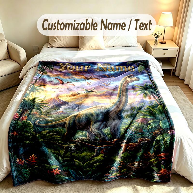 Dinosaur Theme Soft Blanket Personalized Custom Name Text Print Warm Blanket Home Sofa Bedroom Decor