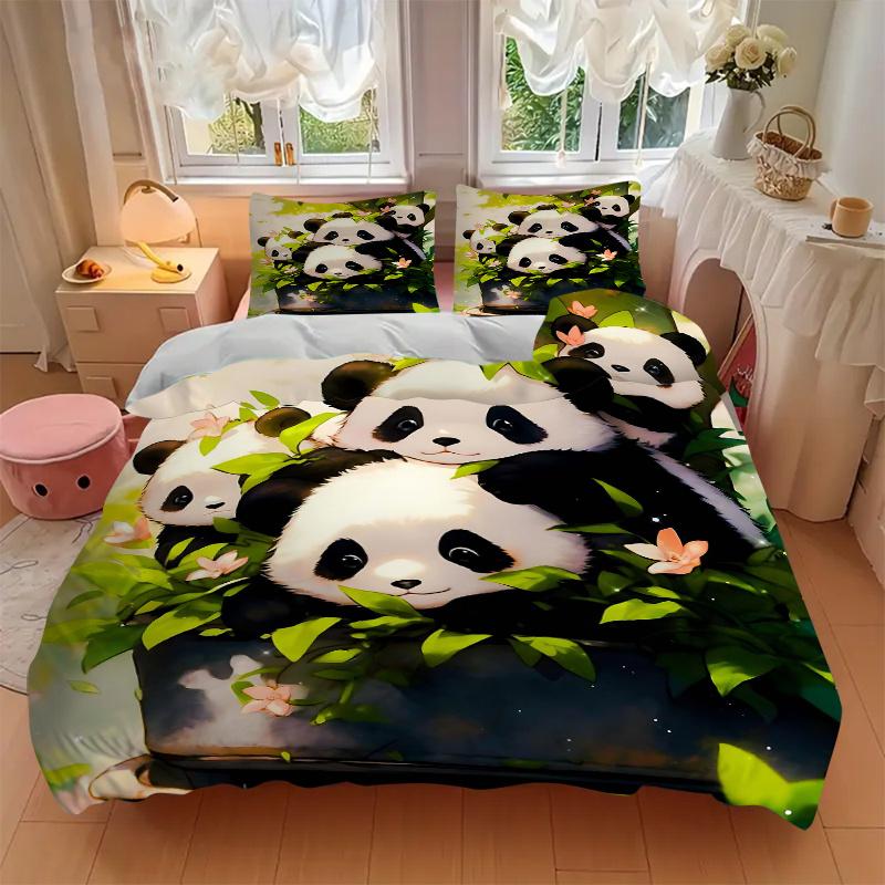 3pcs Four Winning Pandas Print Bedding Set (1 Cover + 2 Pillowcases, Without Inserts), This Printed Bedding Set is Soft and Comfortable, Sui