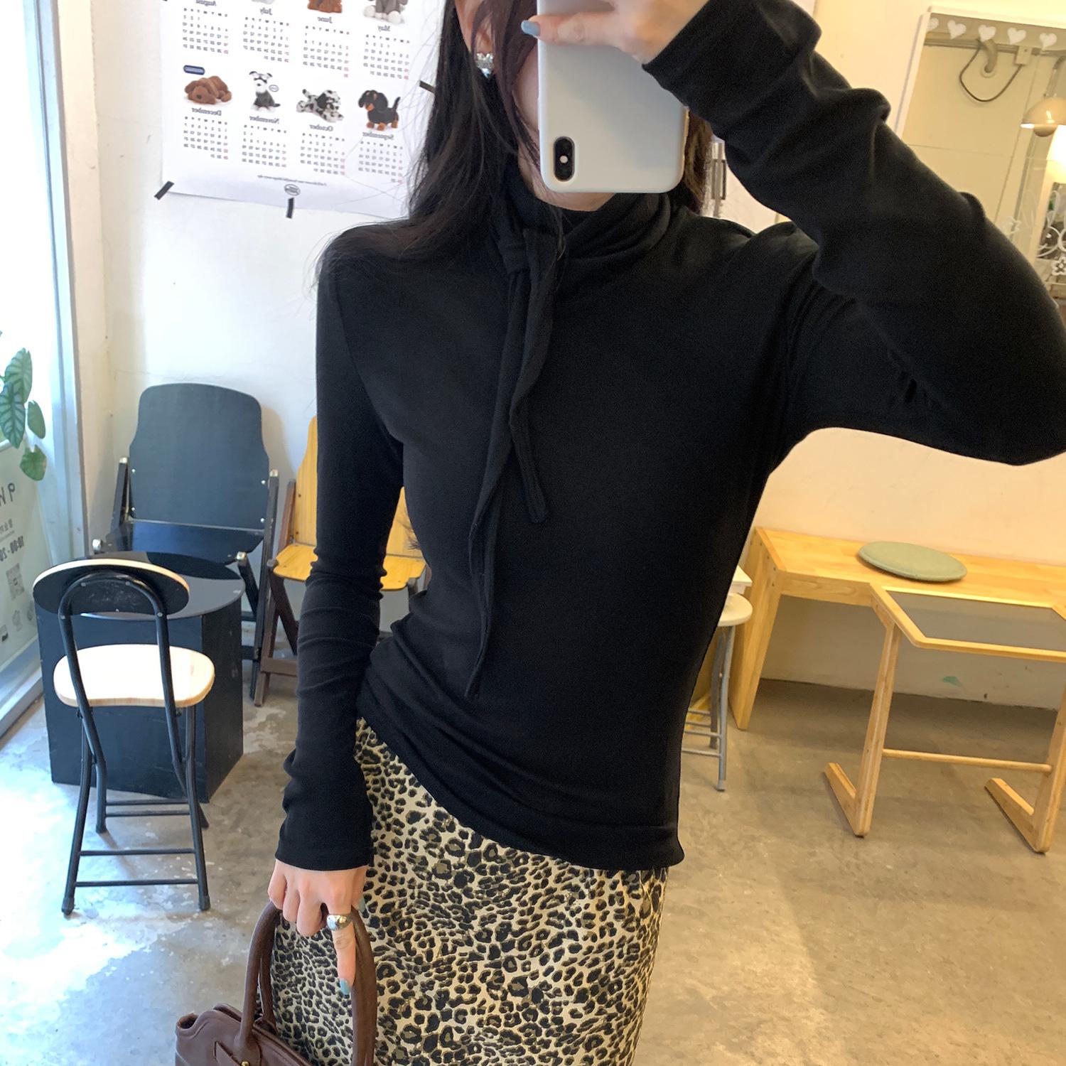 

Women s 2025 Stylish Lace-Up Stacked Collar Long-Sleeve Innerwear Top - Super Good-Looking & Trendy T-Shirt Large чорний