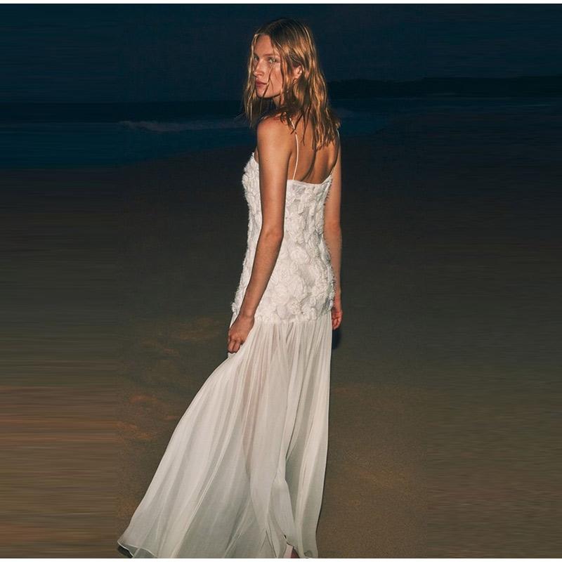 Women's Chiffon Dress Elegant White Backless 3D Flower Strap Dress Pleated A-line Patchwork Design Summer Beach Vacation Robe Evening Vestidos Dress