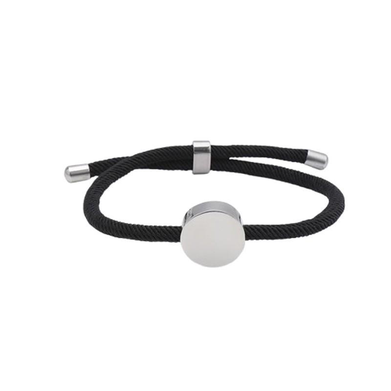 Adjustable Handmade Braided Bracelet With Engravable Round Charm Titanium Steel Unisex Couple Jewelry Steel Round Pendant Black Cord