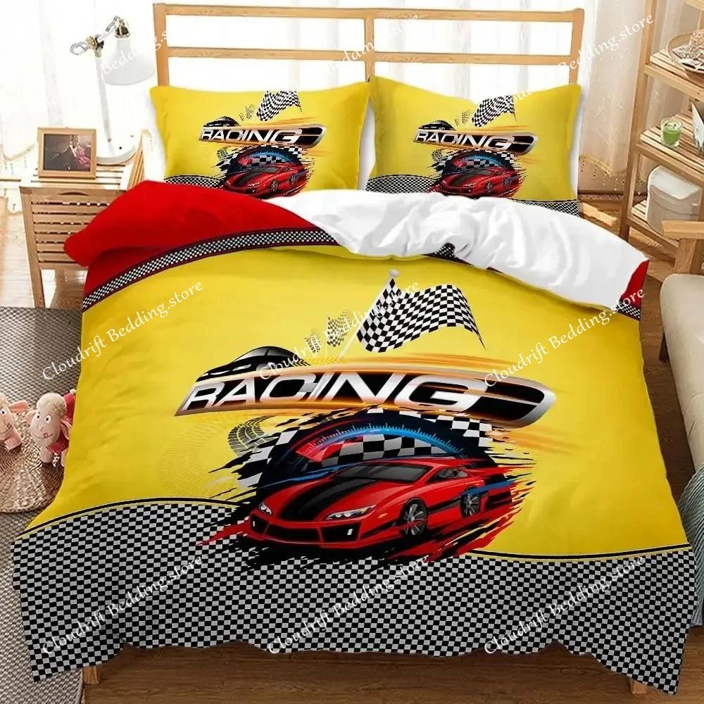 Race Car Duvet Cover Set King Queen Twin Size Red Flame Comforter Cover 3D Sport Car Theme for Boys Girl Polyester Bedding Set