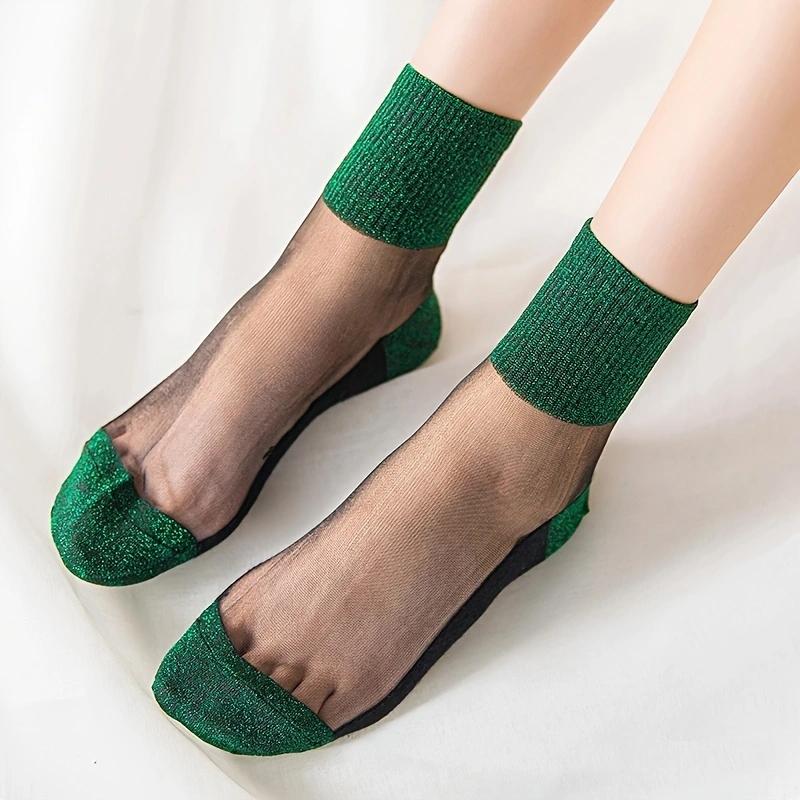 

1 Pair Green Shiny Detail Socks, Colorblock Sheer Mesh Mid Tube Socks, Women S Stockings & Hosier M