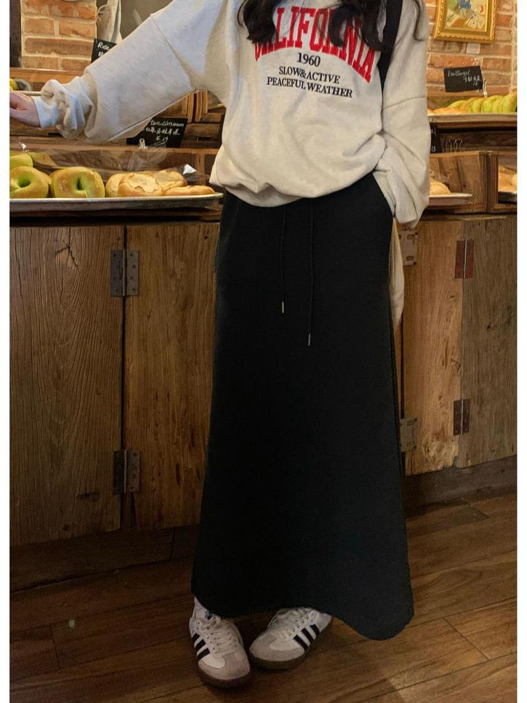Korean Fluffy High Waist A-Line Skirt: Autumn/Winter Women's Casual Fashion with Drawstring Elastic Waist and Slit