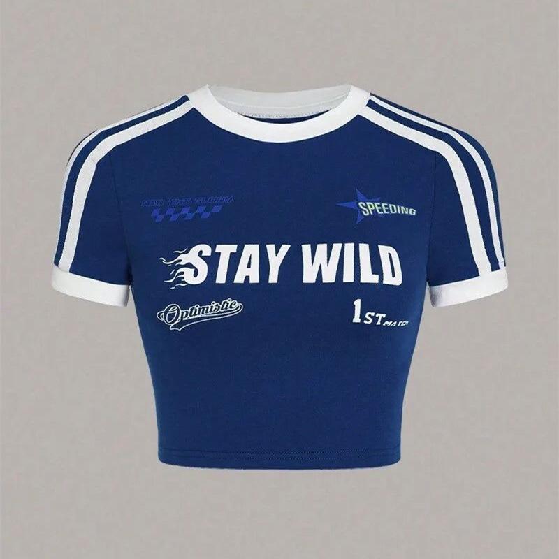 

Футболка Y2K в стиле ретро с круглым вырезом и буквенным принтом, облегающая, с укороченным топом S синий