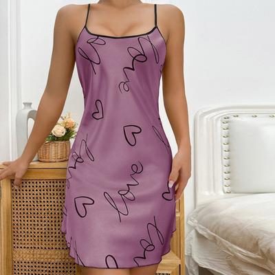 Women Nightdress Round Neck Sleeveless Nightgown with Suspender Design Printing Smooth Fabric Ice