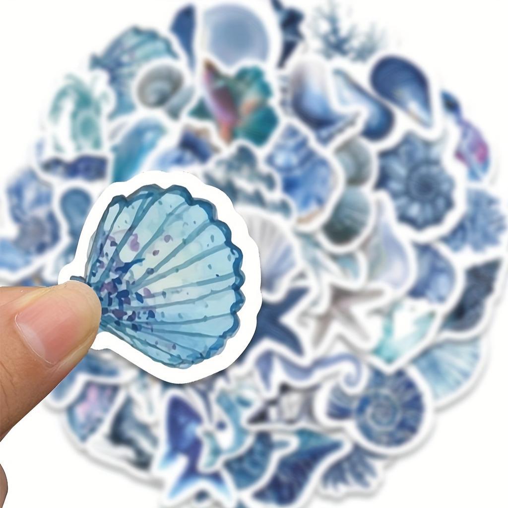 53pcs Blue Ocean Seashell Marine Life Stickers Aesthetic Watercolor Starfish Coral Whale Decals Laptop Journal Scrapbook Sticker