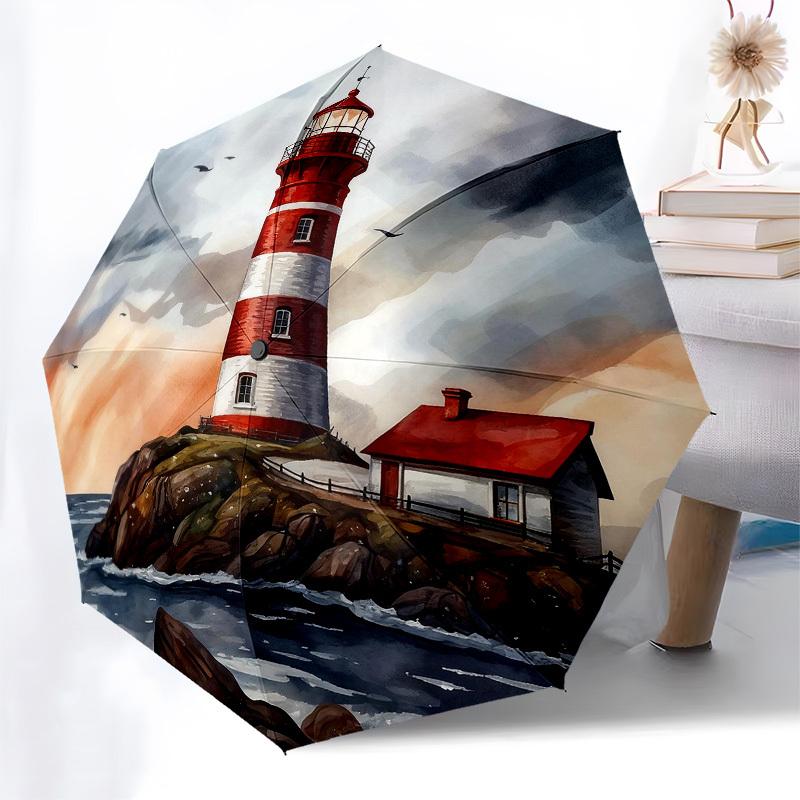 1pc Lighthouse Sea Automatic Folding Umbrella, Heavy Duty 8 Rib Iron Frame,  Suitable for Travel, Daily Use, Birthday, Decor Gift M0105115