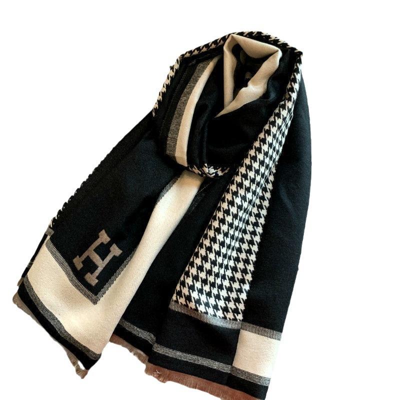 New Chidori Letter Jacquard Scarf Women's Winter Korean Style White Collar Versatile Thickened Scarf Imitation Cashmere Warm Shawl