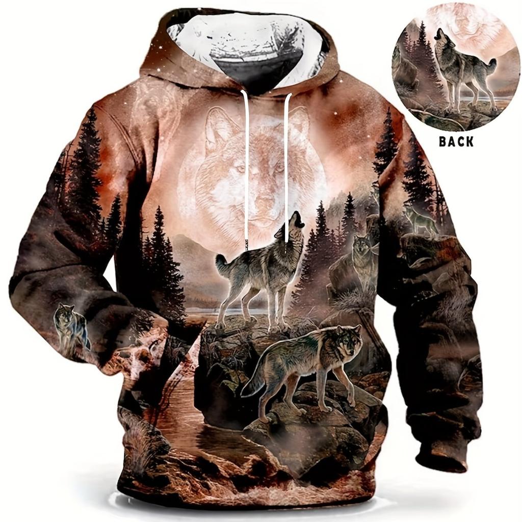 Vintage Men's Hoodie 3d Print Wolf Tops Fashion Animal Wolf Graphics Long Sleeve Hoodie Men's Top Oversized Streetwear Tees