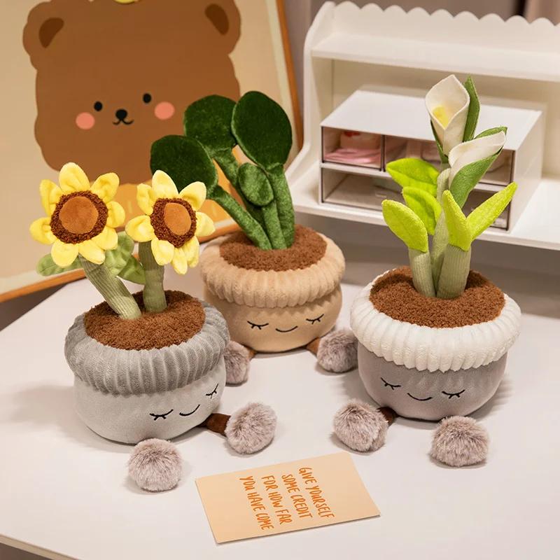 Kawaii Stuffed Plush Plants Lifelike Potted Plant Plush Doll Calla Lily Cactus Little Pink Flower Sunflower Pillow Toy Decor