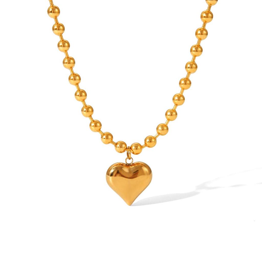 18K Gold Heart Pendant Necklace with Round Bead Chain in Titanium Steel – European & American Classic Style for Women