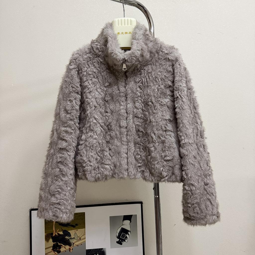 Off-white High-end Stand-up Collar Environmentally Friendly Fur Jacket for Women's Autumn and Winter New Temperament Plush Short Top
