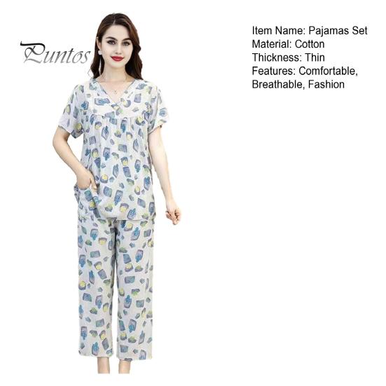 Women's Cotton Pajamas Set Short Sleeve Top Long Pants Casual Two-Piece Sleepwear Set Summer Plus Size Thin Loungewear for Elderly Mom