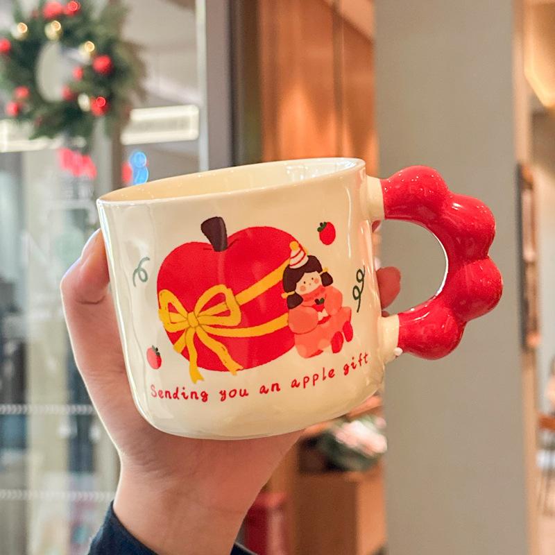 Girl Heart Apple Girl Cup Cute Ceramic Cup with Lid Spoon Girl Large Capacity Coffee Mug Souvenir