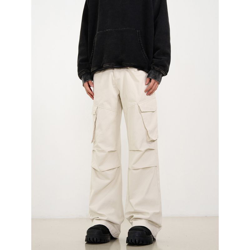 Kisko Niche American-Style Pleated Paratrooper Off-White Cargo Pants for Men and Women with Multiple Pockets, Loose Straight-Leg Casual Pants