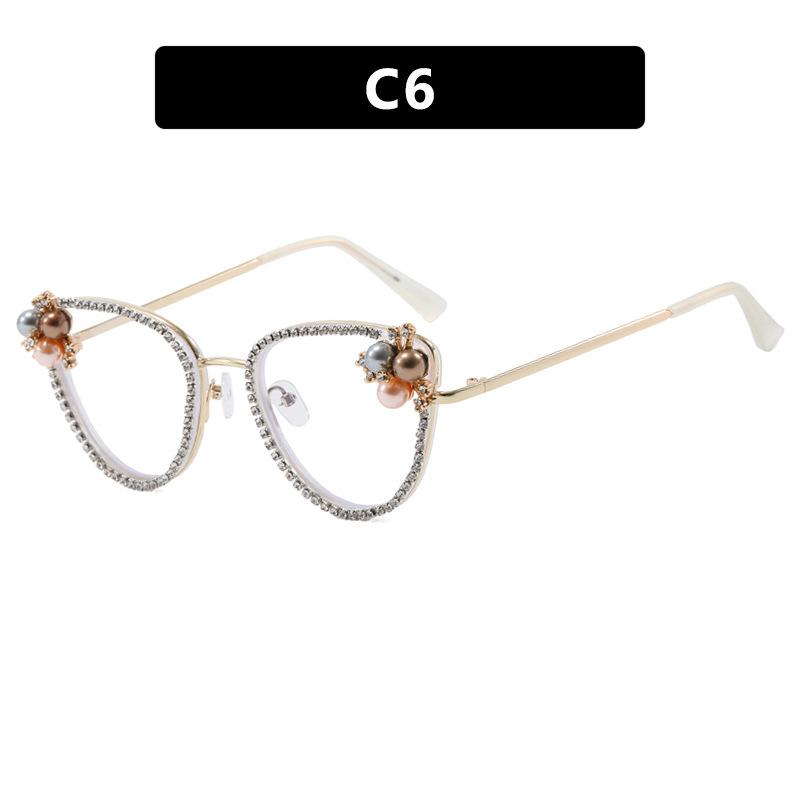 Triangular Cat'S Eye Diamond-Encrusted Flat Mirror Anti-Blue Luxury Glasses Frame Pearl Retro Personalized Glasses Frame