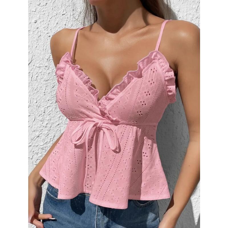 Women Sexy Lace Trim Spaghetti Strap Sleeveless Slim Fit Solid Camisole Top