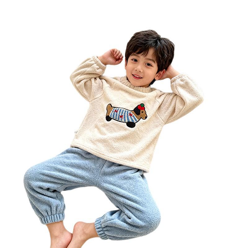 Children's Coral Fleece Pajama Set: Boys' Long-Sleeve & Pants, Girls' Thick Warm Winter Homewear.