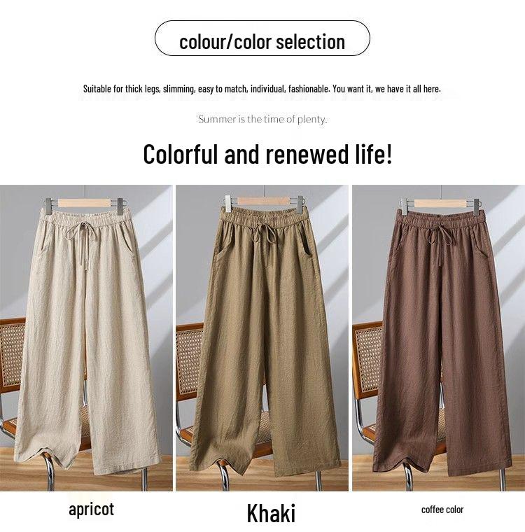 Hohe Taille Baumwolle Leinen Damen Weite Beine Verkürzte Hosen - Koreanischer Stil, Große Größen, Kordelzug, für Frühling, Sommer, Herbst
