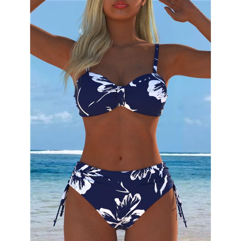 New European and American One-piece Stick Flower Halter Lace-up Swimsuit Printed Split Swimsuit S темно-синий